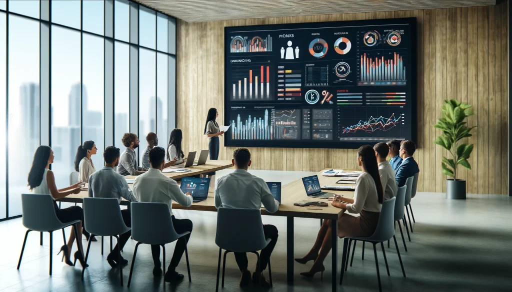 DALL·E プロンプトby増井光生 A modern office setting with employees engaged in a meeting. The scene shows a large screen displaying various colorful KPI charts and graphs. The emp